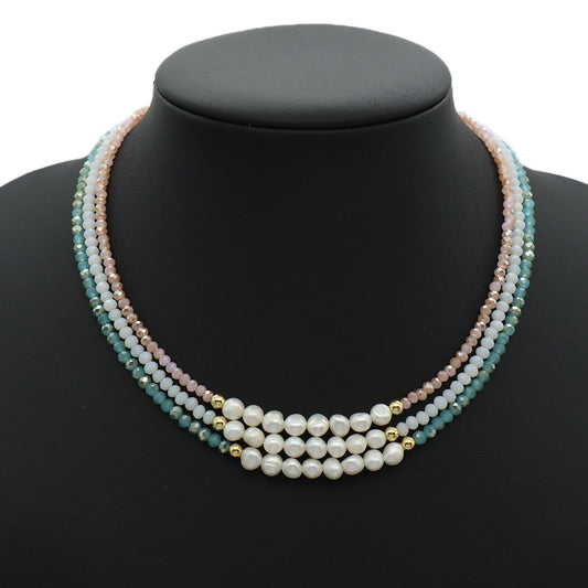Handmade OEM Blue Pink Wholesale Fashion Customized Gold Plated Natural Fresh Water Pearl Glass Crystal Necklace For Women Gift