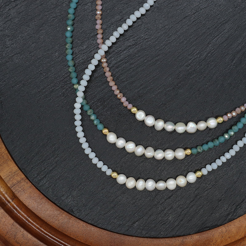 Handmade OEM Blue Pink Wholesale Fashion Customized Gold Plated Natural Fresh Water Pearl Glass Crystal Necklace For Women Gift