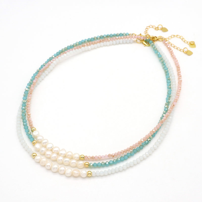 Handmade OEM Blue Pink Wholesale Fashion Customized Gold Plated Natural Fresh Water Pearl Glass Crystal Necklace For Women Gift