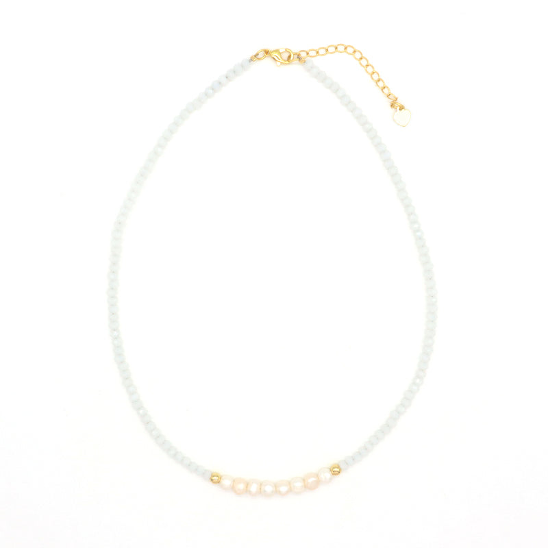 Handmade OEM Blue Pink Wholesale Fashion Customized Gold Plated Natural Fresh Water Pearl Glass Crystal Necklace For Women Gift