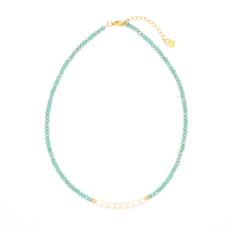 Handmade OEM Blue Pink Wholesale Fashion Customized Gold Plated Natural Fresh Water Pearl Glass Crystal Necklace For Women Gift