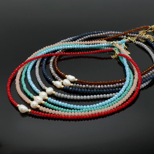 OEM Blue Grey Red Pink Wholesale Handmade Customized Gold Plated Natural Fresh Water Pearl Glass Crystal Necklace For Women