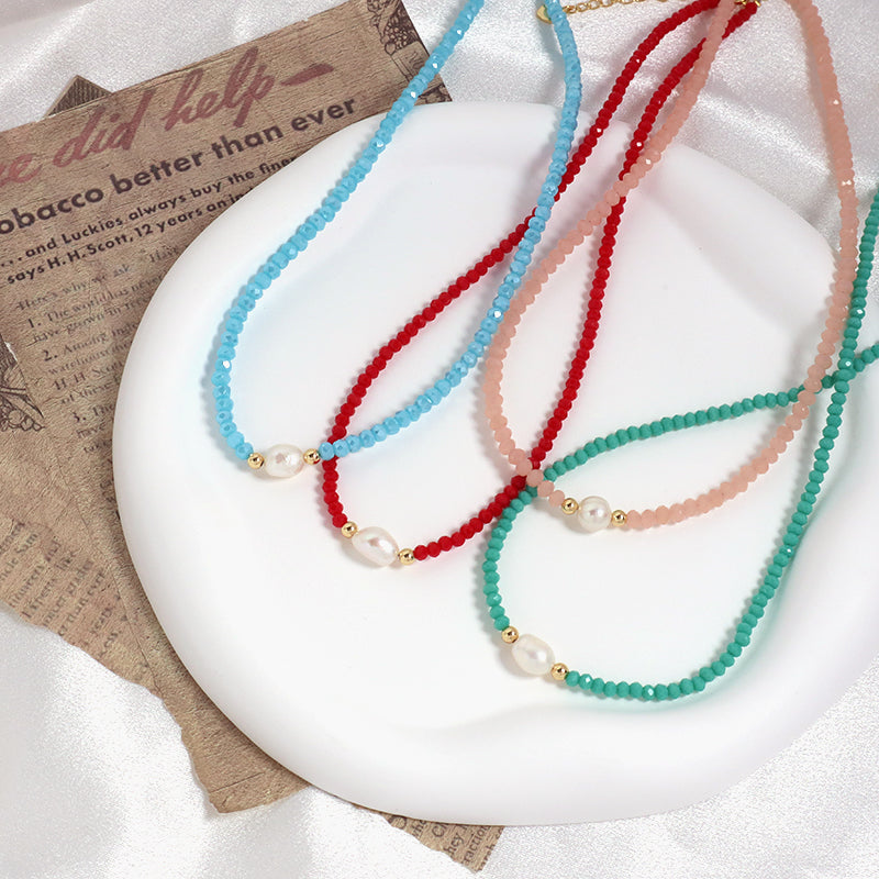 OEM Blue Grey Red Pink Wholesale Handmade Customized Gold Plated Natural Fresh Water Pearl Glass Crystal Necklace For Women