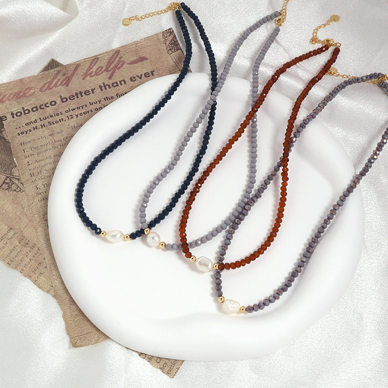 OEM Blue Grey Red Pink Wholesale Handmade Customized Gold Plated Natural Fresh Water Pearl Glass Crystal Necklace For Women
