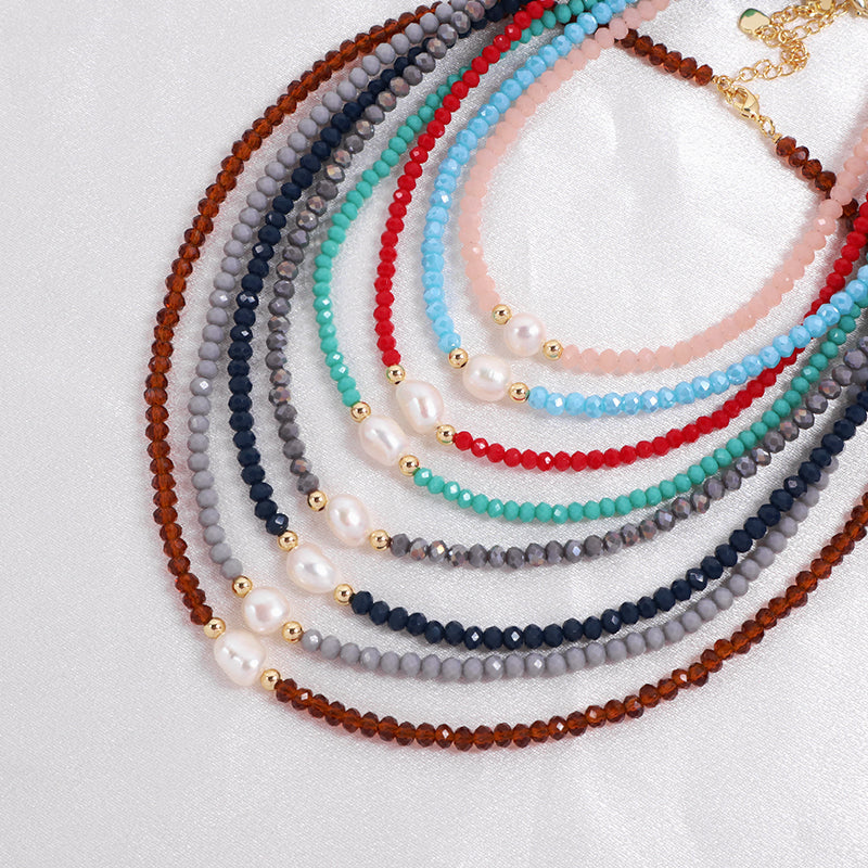 OEM Blue Grey Red Pink Wholesale Handmade Customized Gold Plated Natural Fresh Water Pearl Glass Crystal Necklace For Women
