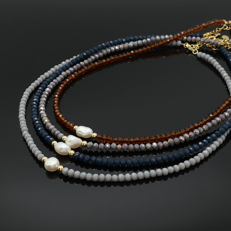 OEM Blue Grey Red Pink Wholesale Handmade Customized Gold Plated Natural Fresh Water Pearl Glass Crystal Necklace For Women