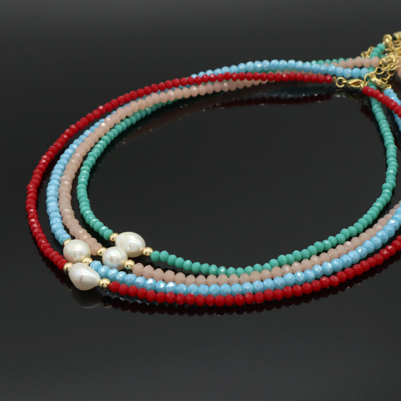 OEM Blue Grey Red Pink Wholesale Handmade Customized Gold Plated Natural Fresh Water Pearl Glass Crystal Necklace For Women