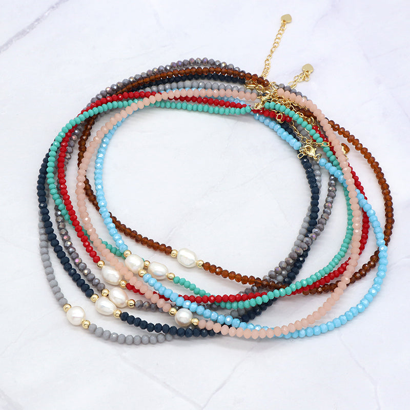 OEM Blue Grey Red Pink Wholesale Handmade Customized Gold Plated Natural Fresh Water Pearl Glass Crystal Necklace For Women