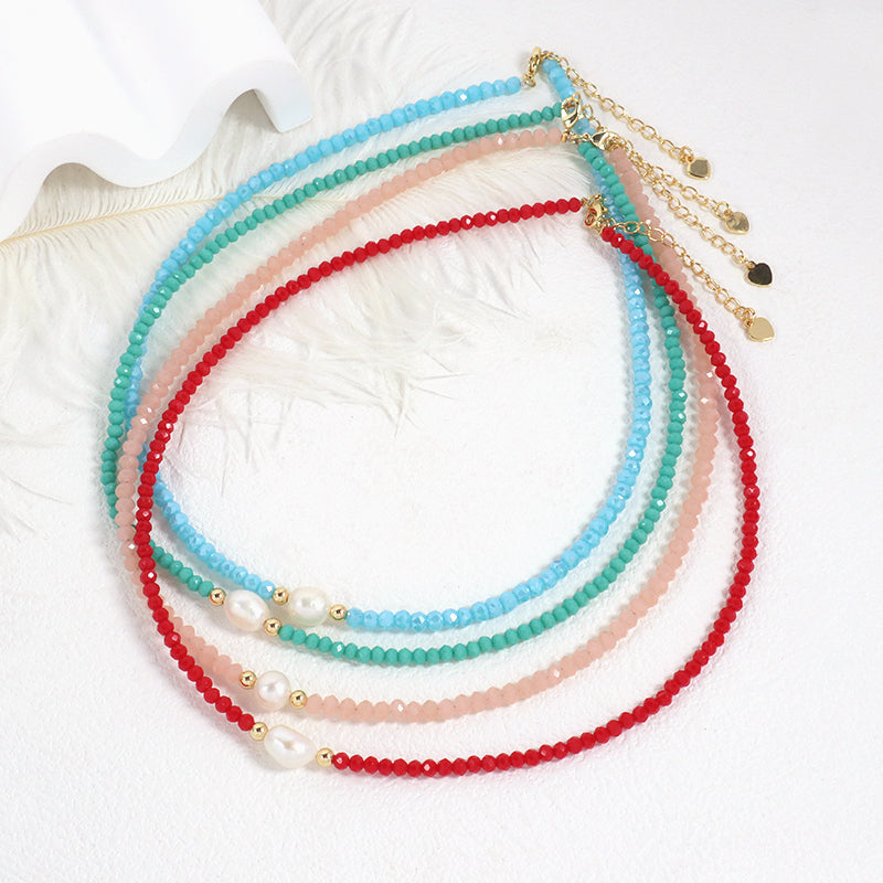 OEM Blue Grey Red Pink Wholesale Handmade Customized Gold Plated Natural Fresh Water Pearl Glass Crystal Necklace For Women