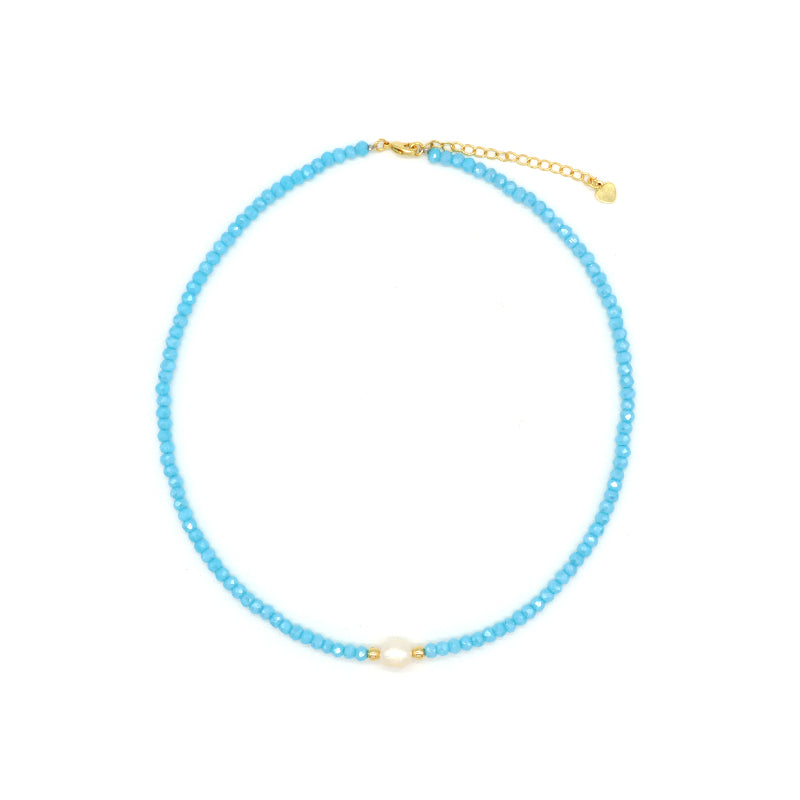OEM Blue Grey Red Pink Wholesale Handmade Customized Gold Plated Natural Fresh Water Pearl Glass Crystal Necklace For Women