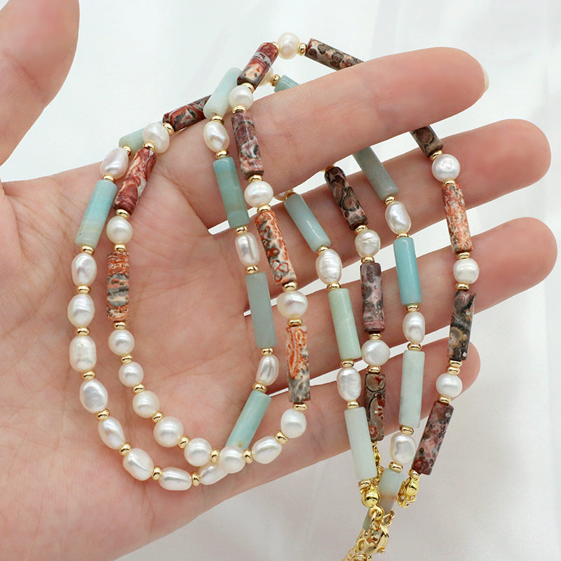 New Simple Design Wholesale Custom Trendy Fashion  Handmade Manufacture Natural Stone Beads Jewelry Fresh Water Pearl Necklace