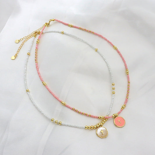 Manufacture Custom Wholesale Handmade Trendy Gold Plated Seed Beads Enamel Shell Cross Pendant Necklace
