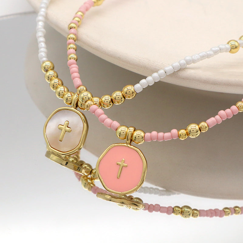 Manufacture Custom Wholesale Handmade Trendy Gold Plated Seed Beads Enamel Shell Cross Pendant Necklace