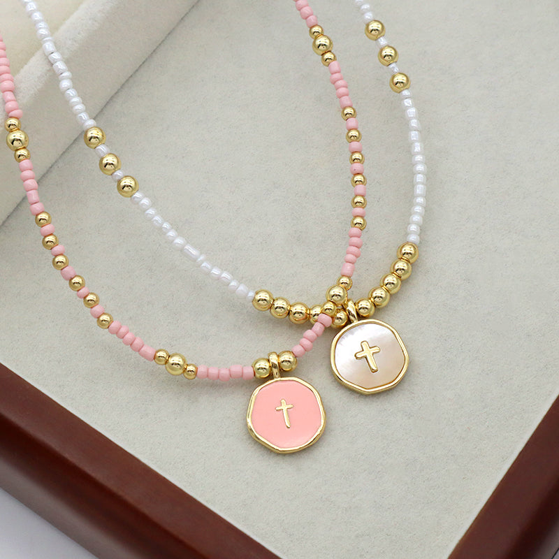Manufacture Custom Wholesale Handmade Trendy Gold Plated Seed Beads Enamel Shell Cross Pendant Necklace