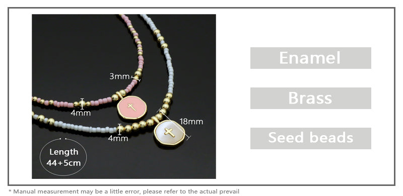 Manufacture Custom Wholesale Handmade Trendy Gold Plated Seed Beads Enamel Shell Cross Pendant Necklace
