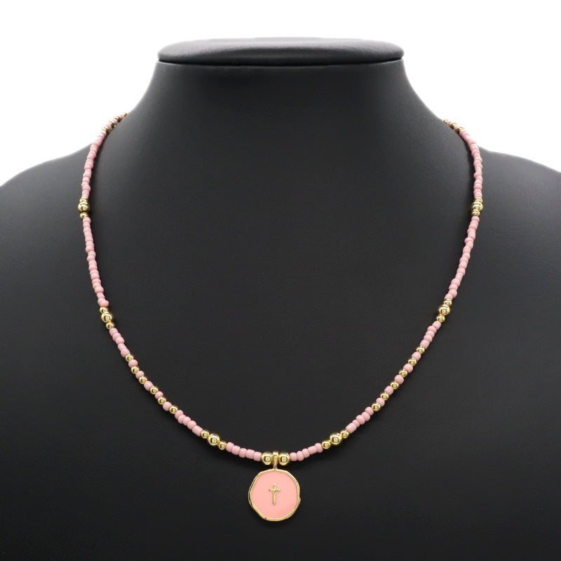 Manufacture Custom Wholesale Handmade Trendy Gold Plated Seed Beads Enamel Shell Cross Pendant Necklace