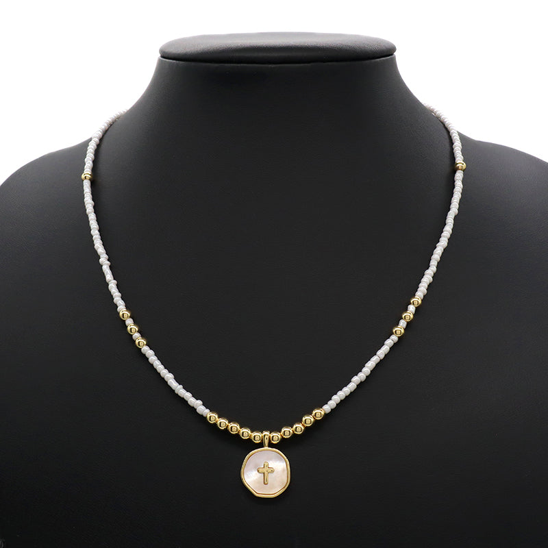Manufacture Custom Wholesale Handmade Trendy Gold Plated Seed Beads Enamel Shell Cross Pendant Necklace