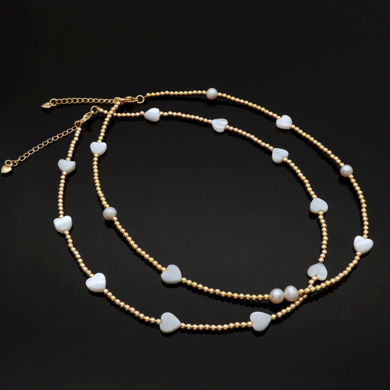 Gold plated Brass Beads Necklace With Shell Charms Fresh Water Pearl Necklace