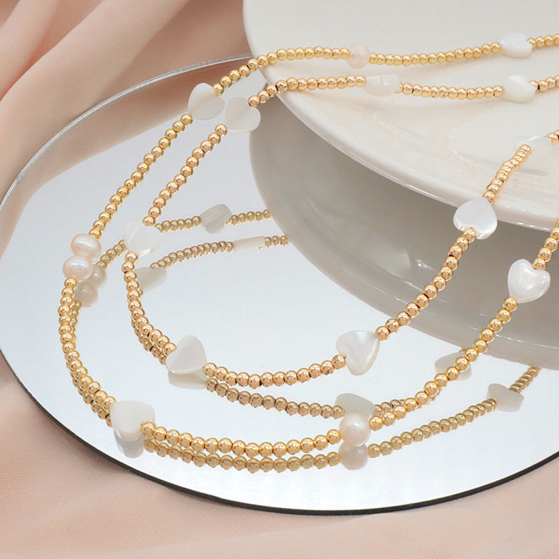 Gold plated Brass Beads Necklace With Shell Charms Fresh Water Pearl Necklace