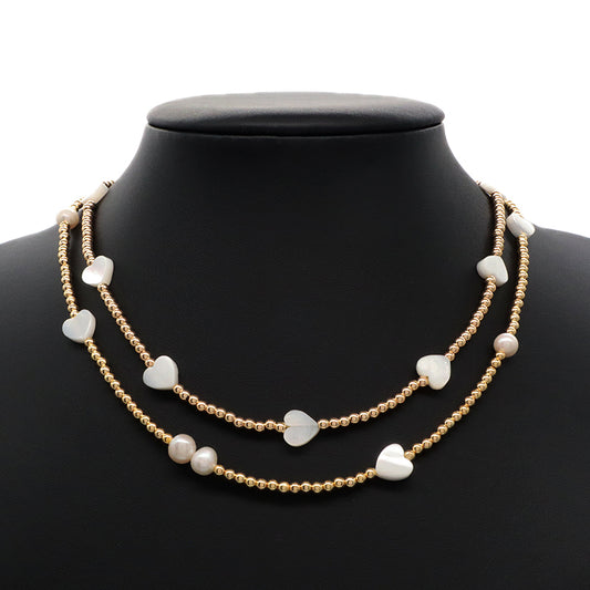 Gold plated Brass Beads Necklace With Shell Charms Fresh Water Pearl Necklace