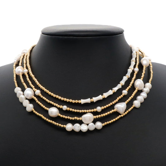 Gold Plated Brass Beads Necklace With Fresh Water Pearl Custom Jewelry Necklace