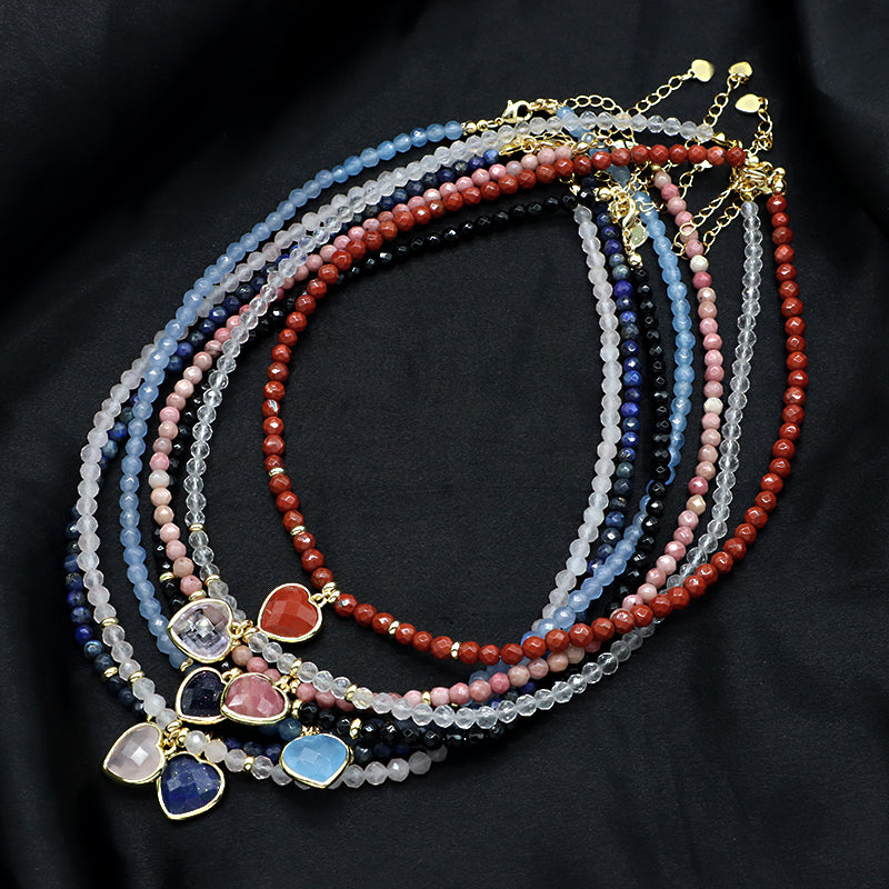 Wholesale Custom Trendy Fashion Handmade Gold Plated Heart Natural Stone Pendant Jewelry 4mm Natural Stone Necklace