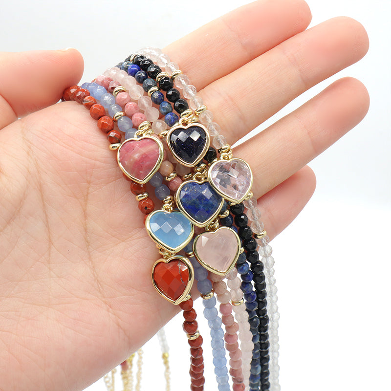 Wholesale Custom Trendy Fashion Handmade Gold Plated Heart Natural Stone Pendant Jewelry 4mm Natural Stone Necklace