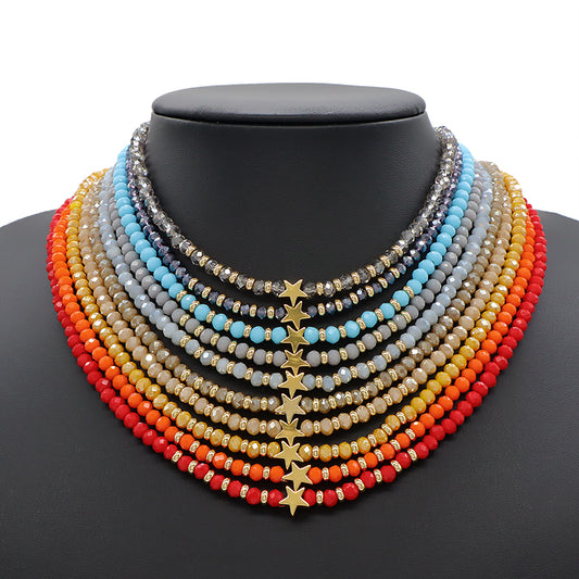 Wholesale Handmade Customized Gold Plated Stars Charm Blue Grey Red Glass Crystal Beads Necklace For Women