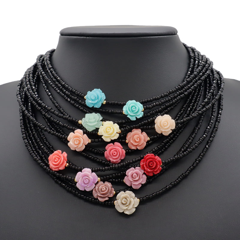 Handmade OEM Newest Custom Wholesale Fashion Gold Plated Resin Rose Charm Jewelry Gift Seed Beads Necklace Necklace