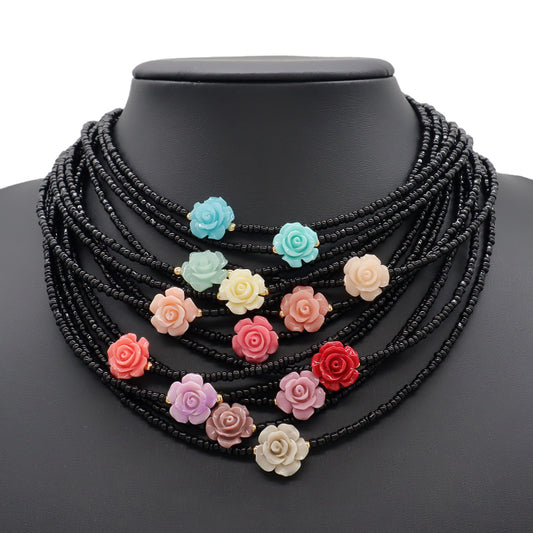 Handmade OEM Newest Custom Wholesale Fashion Gold Plated Resin Rose Charm Jewelry Gift Seed Beads Necklace Necklace