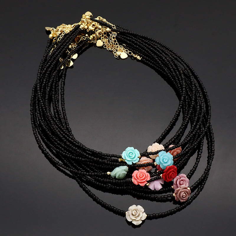 Handmade OEM Newest Custom Wholesale Fashion Gold Plated Resin Rose Charm Jewelry Gift Seed Beads Necklace Necklace