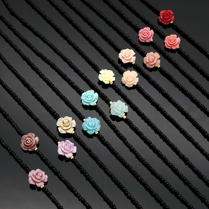 Handmade OEM Newest Custom Wholesale Fashion Gold Plated Resin Rose Charm Jewelry Gift Seed Beads Necklace Necklace