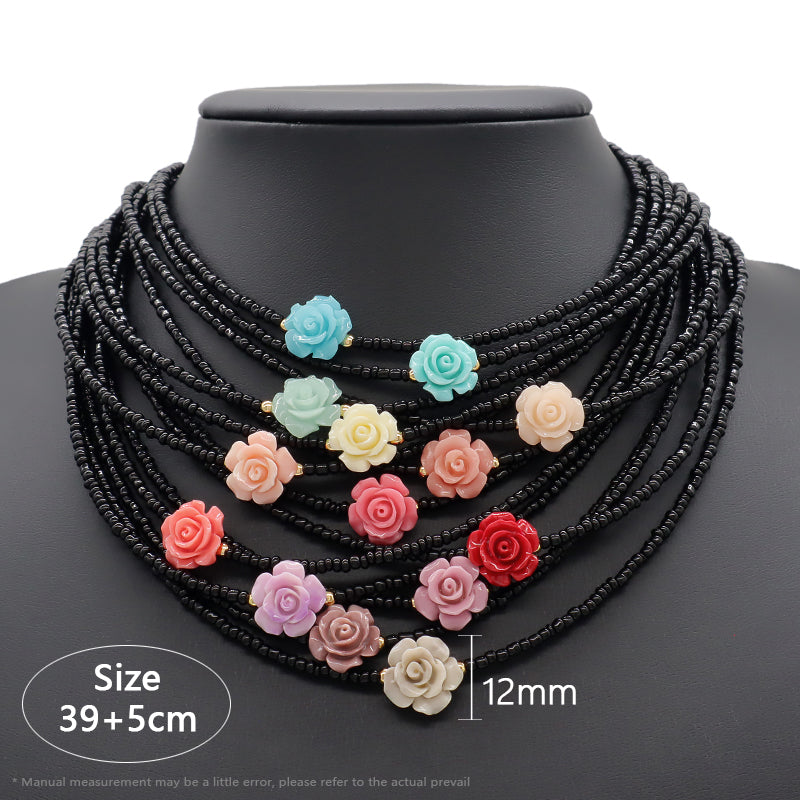 Handmade OEM Newest Custom Wholesale Fashion Gold Plated Resin Rose Charm Jewelry Gift Seed Beads Necklace Necklace