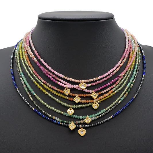 Handmade Custom CZ Brass Heart Pendant Natural Stone Beads Jewelry Necklace