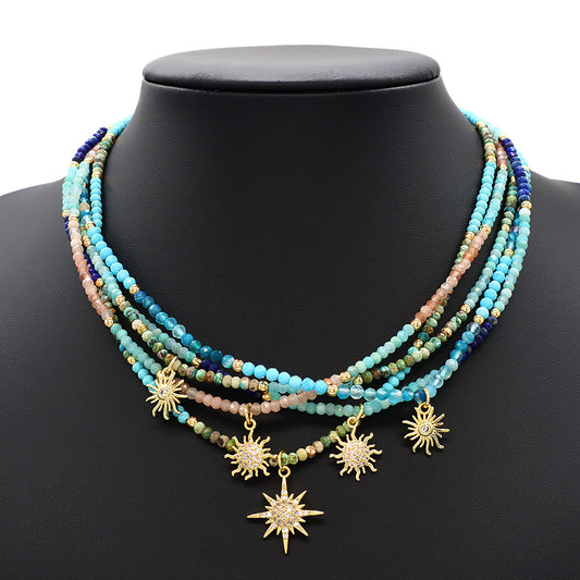 Trendy New Design Wholesale Custom Fashion Handmade Manufacture CZ Brass Sun Pendant Natural Stone Beads Jewelry Necklace