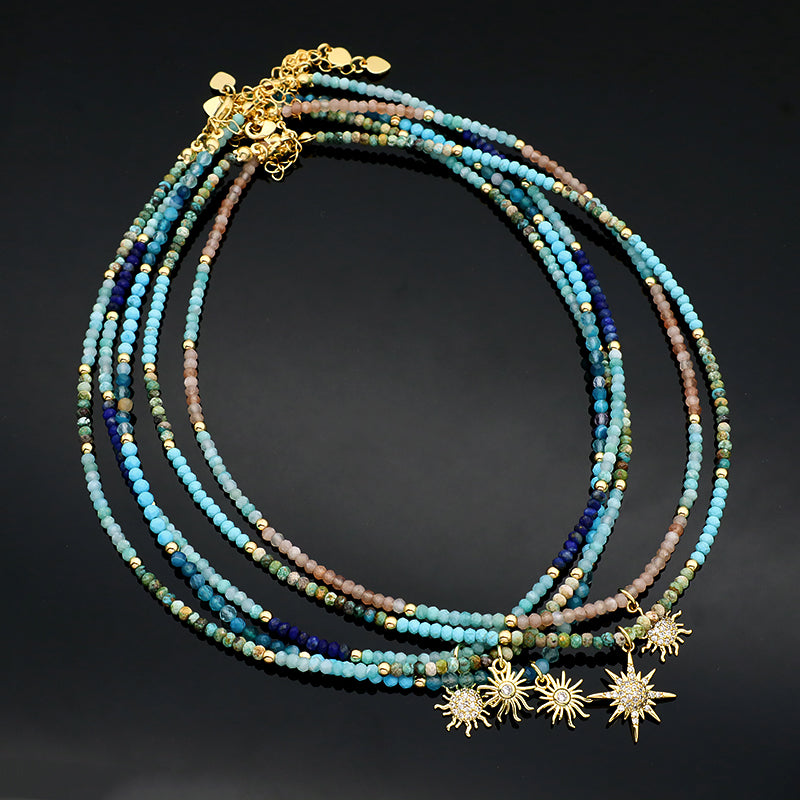 Trendy New Design Wholesale Custom Fashion Handmade Manufacture CZ Brass Sun Pendant Natural Stone Beads Jewelry Necklace
