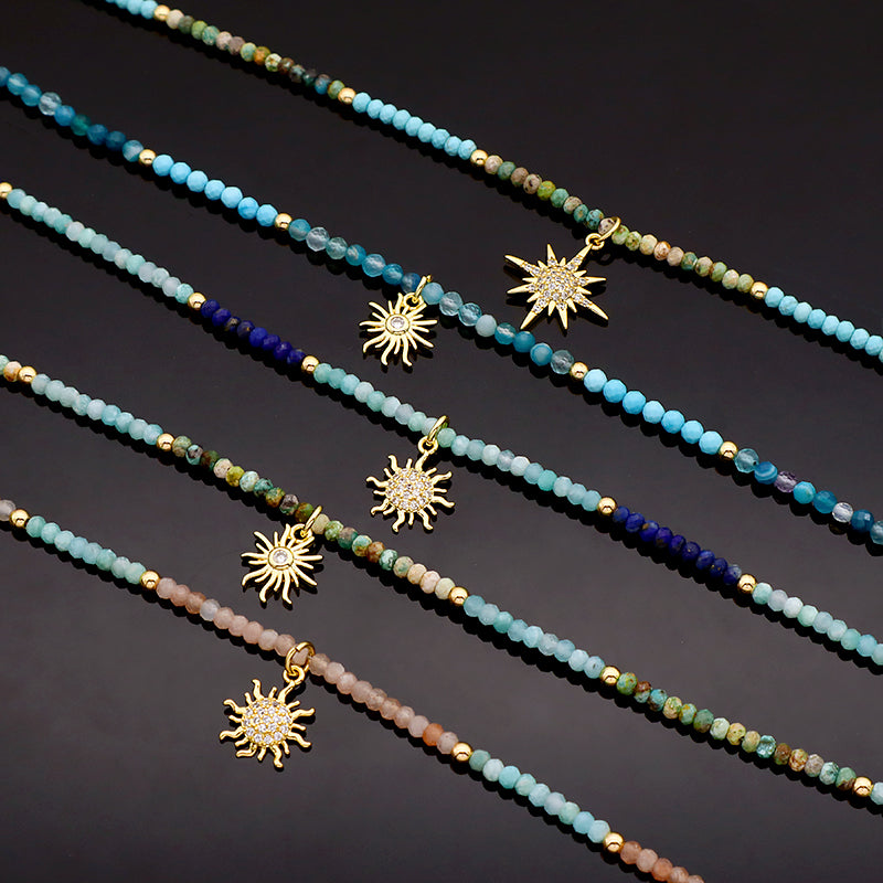 Trendy New Design Wholesale Custom Fashion Handmade Manufacture CZ Brass Sun Pendant Natural Stone Beads Jewelry Necklace