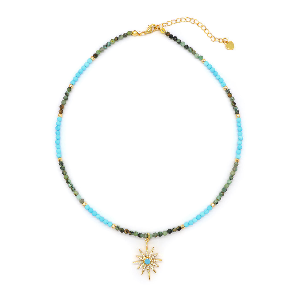 Trendy New Design Wholesale Custom Fashion Handmade Manufacture CZ Brass Sun Pendant Natural Stone Beads Jewelry Necklace