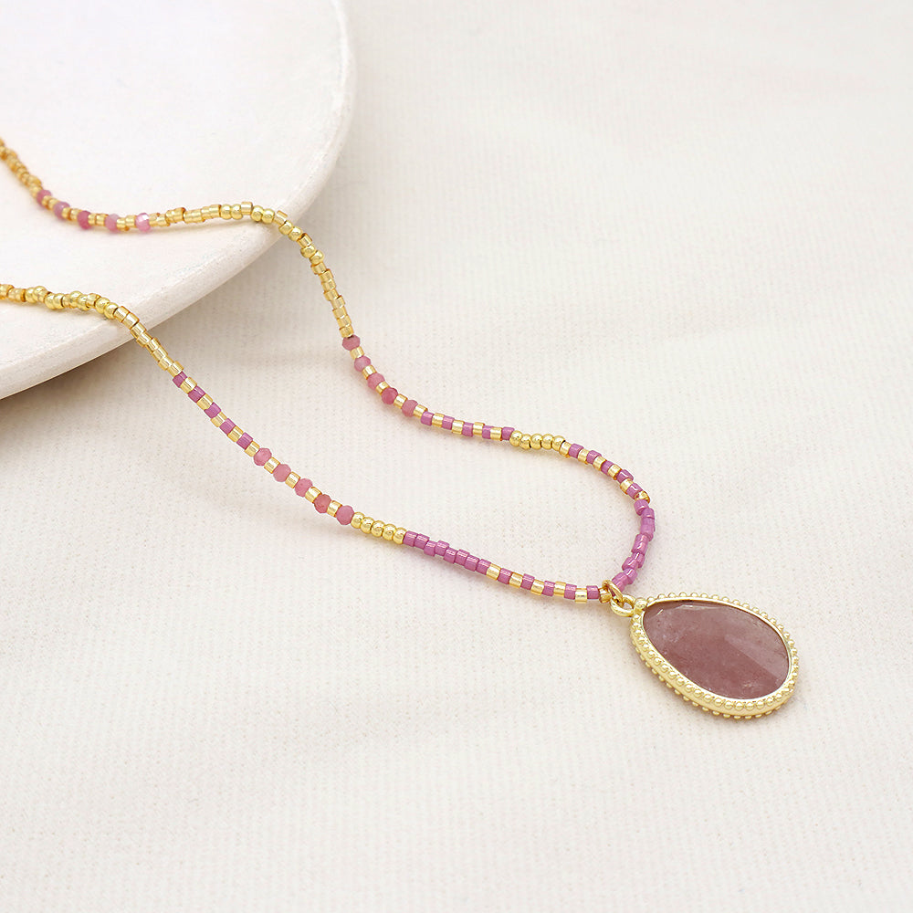 Miyuki Natural Stone Beads 925 Sterling Silver Pendant Necklace