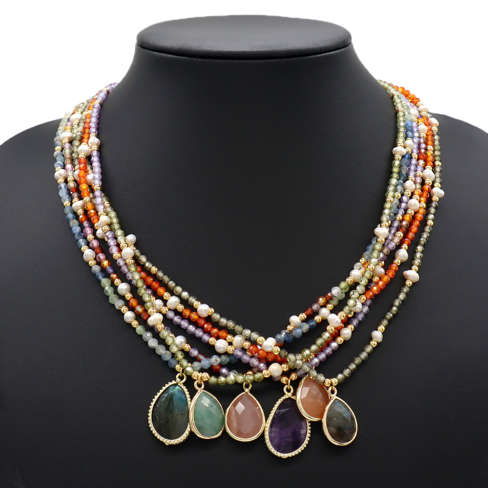 Colorful Natural Stone Beads Pendant Necklace With Fresh Water Pearl