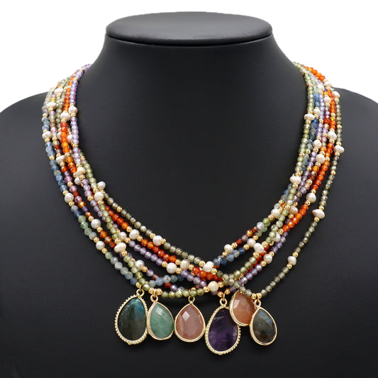 Colorful Natural Stone Beads Pendant Necklace With Fresh Water Pearl
