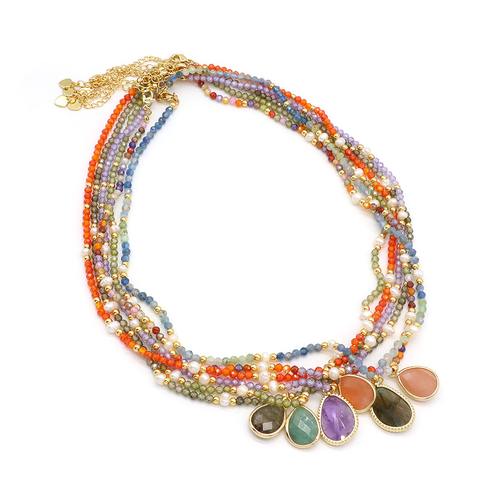 Colorful Natural Stone Beads Pendant Necklace With Fresh Water Pearl