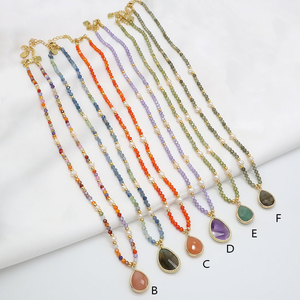 Colorful Natural Stone Beads Pendant Necklace With Fresh Water Pearl