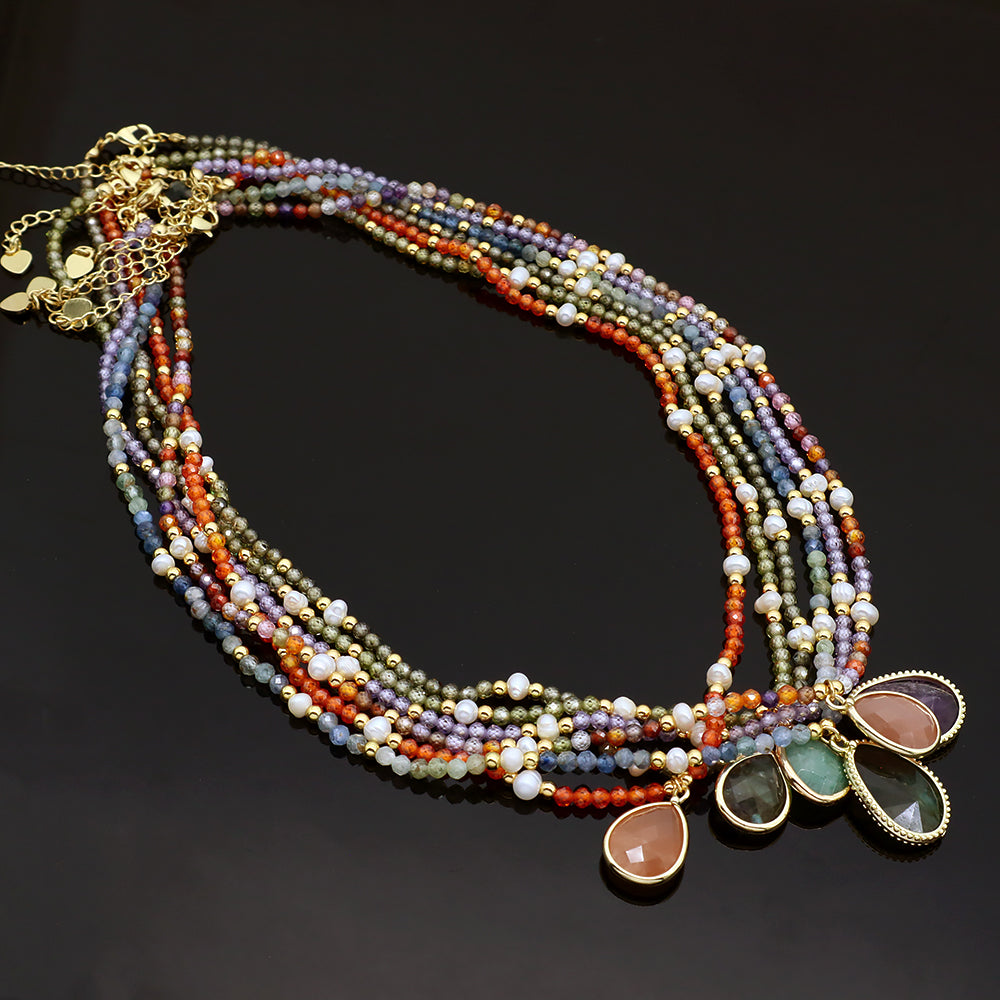Colorful Natural Stone Beads Pendant Necklace With Fresh Water Pearl