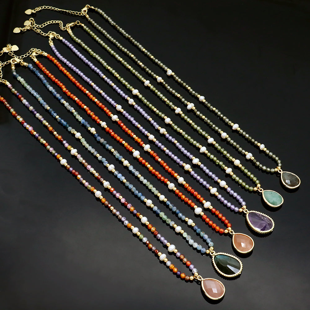 Colorful Natural Stone Beads Pendant Necklace With Fresh Water Pearl