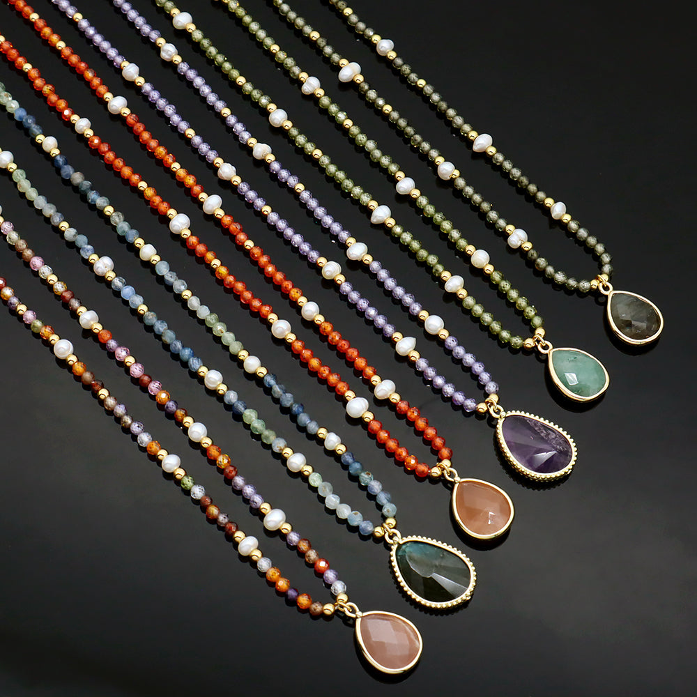 Colorful Natural Stone Beads Pendant Necklace With Fresh Water Pearl