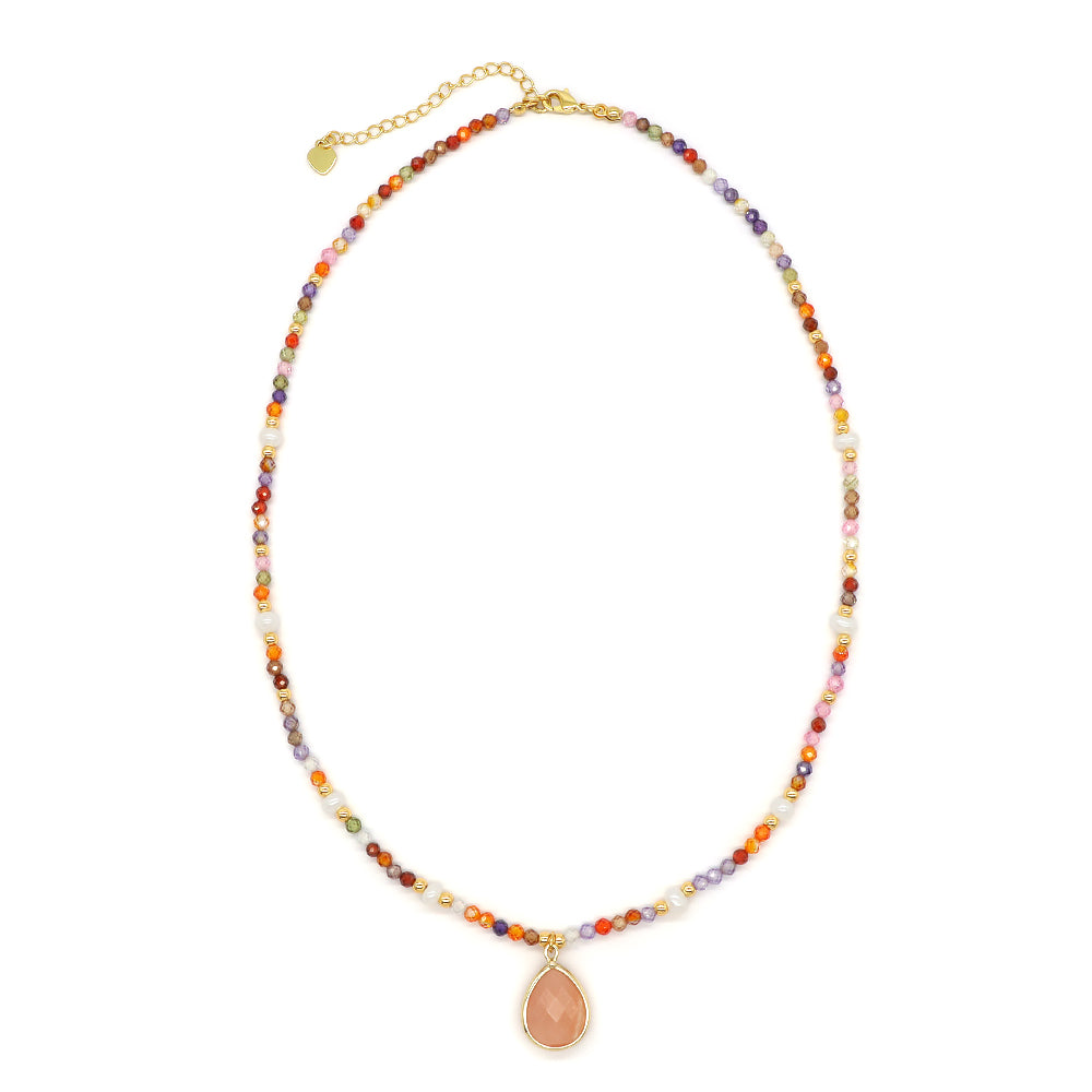 Colorful Natural Stone Beads Pendant Necklace With Fresh Water Pearl