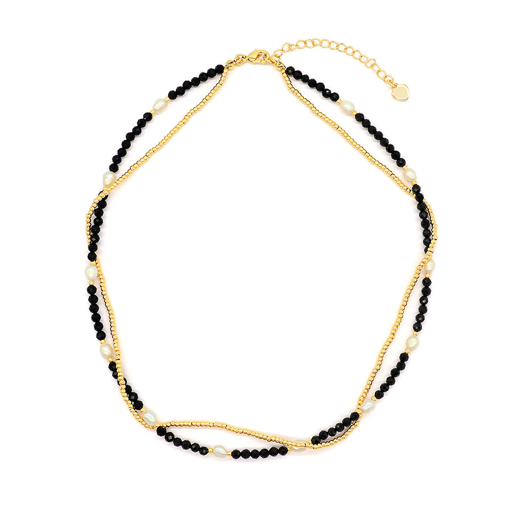 Custom Natural Stone Black Agate Beads Double Layer Brass Beads Handmade Necklace