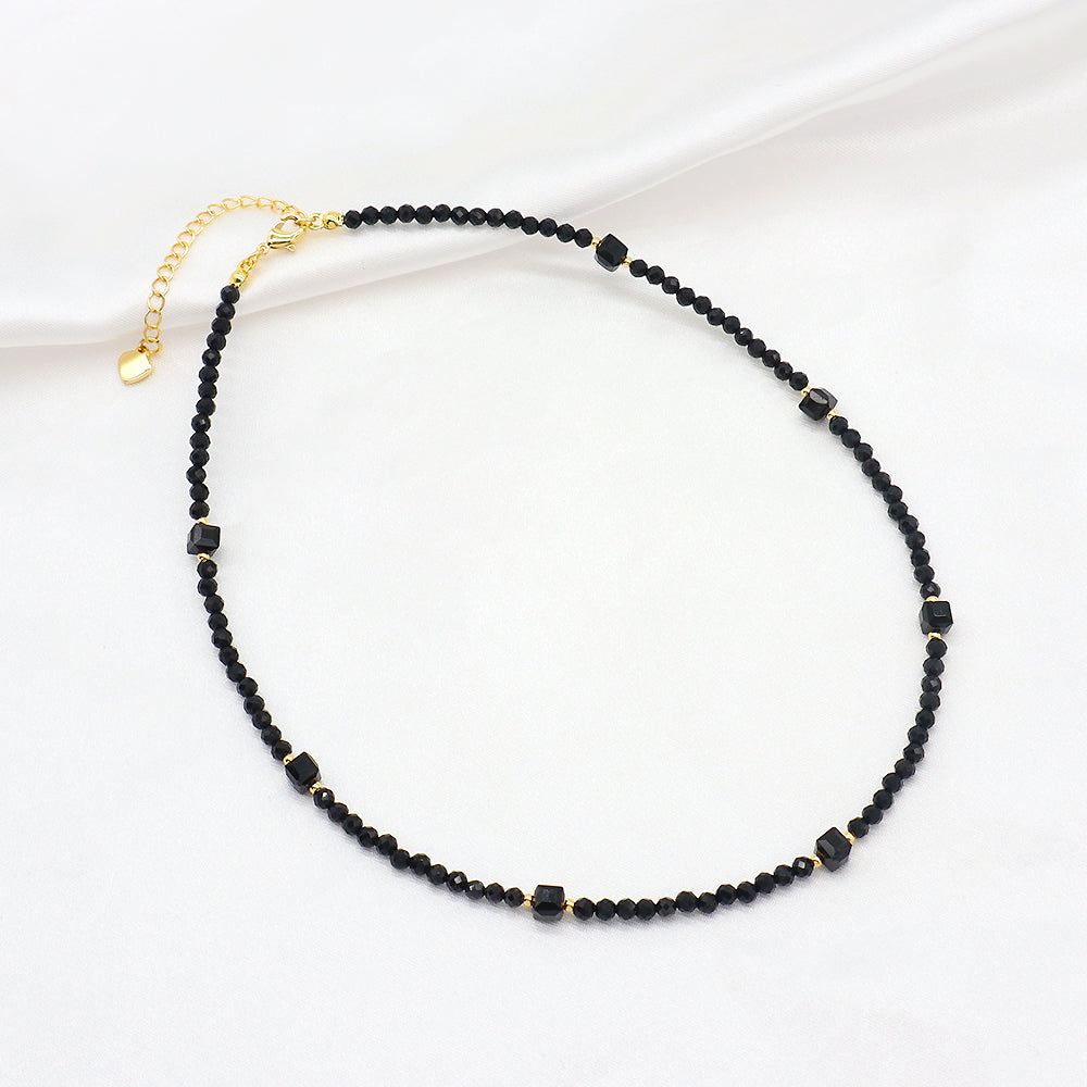 Custom Natural Stone Black Agate Beads Double Layer Brass Beads Handmade Necklace