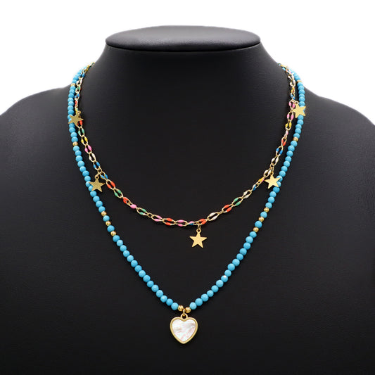 Handmade Custom Natural Stone Double Layer Enamel Pendant With Charm Necklace